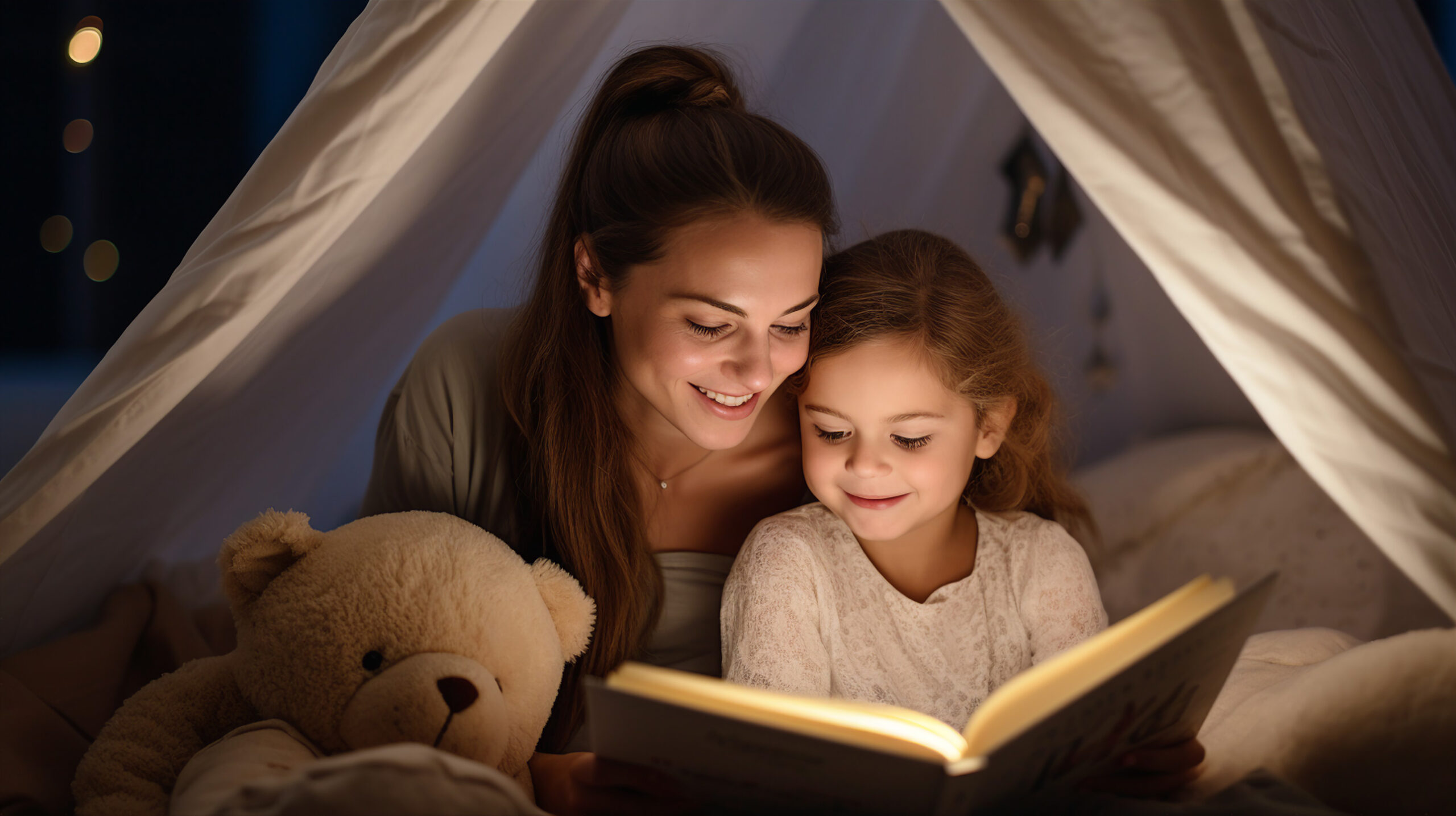 Mama czytająca córce śmieszne wierszyki na dobranoc z książeczki